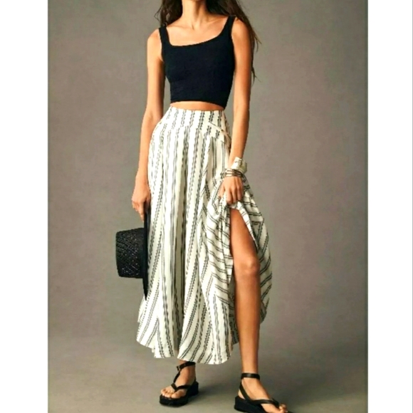 Pilcro Anthropologie A Line Structured Midi Skirt Black White Striped LinenBlend - Picture 1 of 17